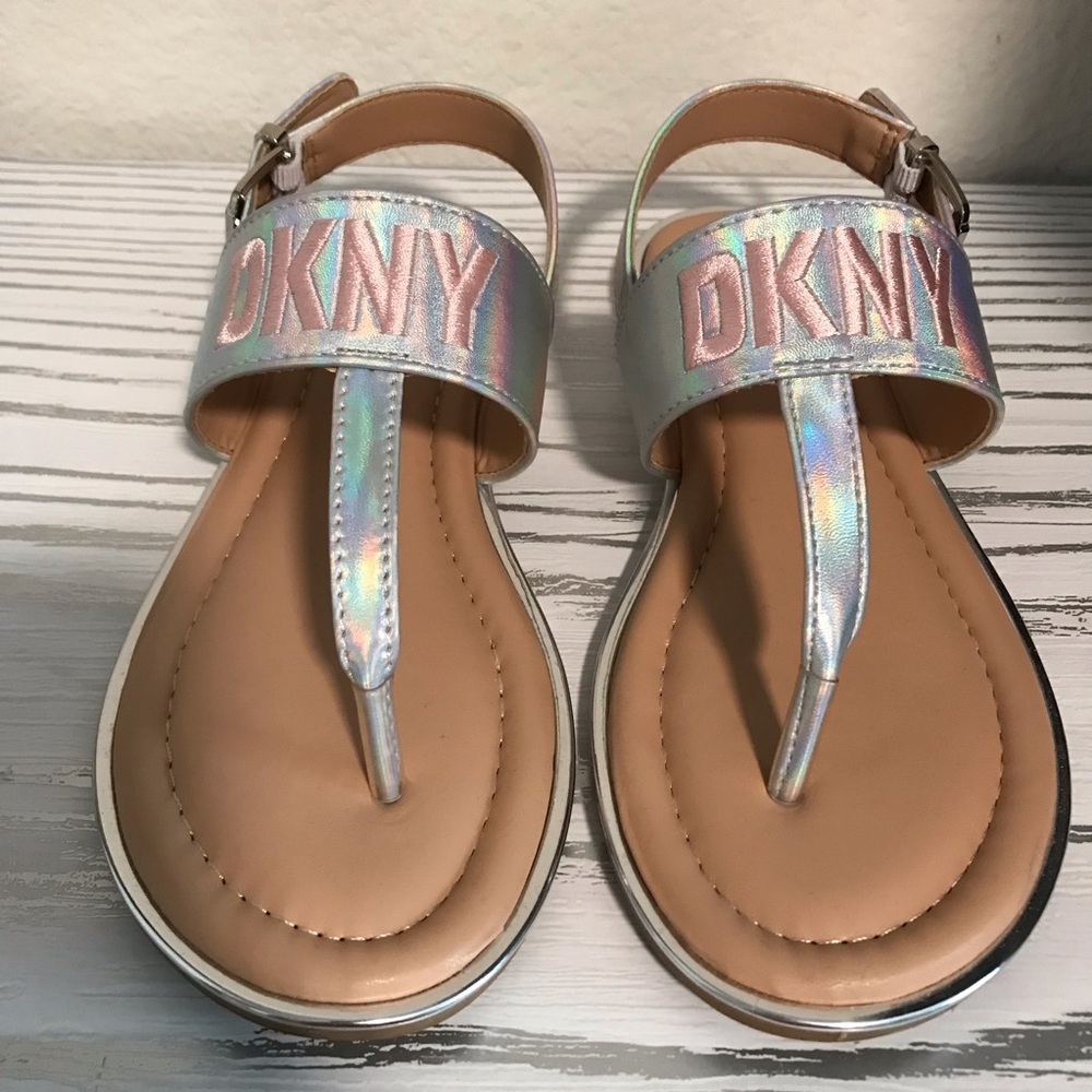DKNY Holographic Iridescent Logo T-Strap Sandals